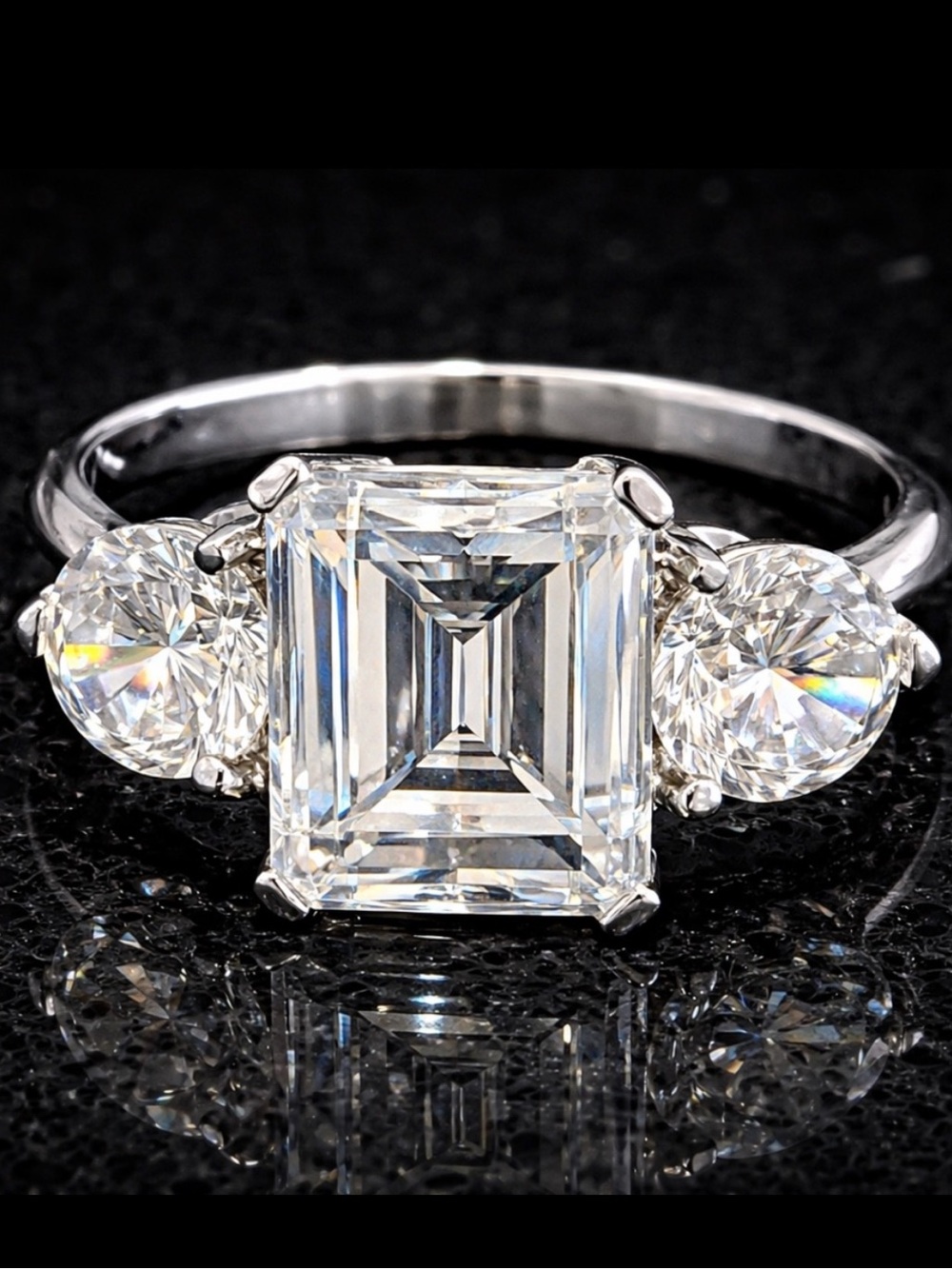 9ct Diamonique 3-Stone Emerald Step Cut Round Cz Engagement Ring sterling silver